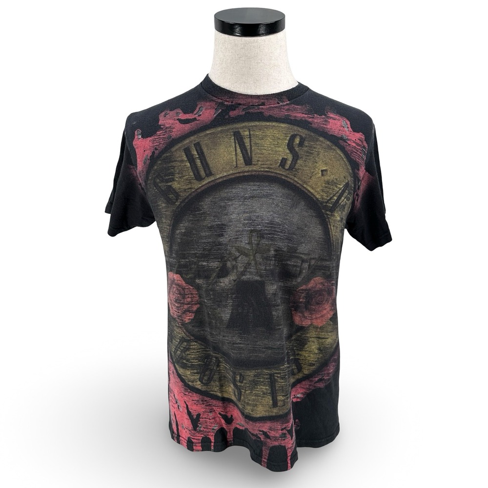 Guns N Roses Graphic T-Shirt Y2K Mens Medium Black Skull Roses Rock Band Tee